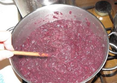 1. Этап. Тушеная красная капуста по-чешски: Размешиваем и варим минут 10-15 без крышки, все время помешивая, иначе капуста может пригореть.