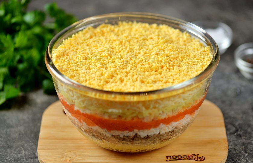 1. Этап. Салат Мимоза классический: Последний слой - украшение салата натертыми желтками и зеленью. Перед подачей на стол дать настояться и пропитаться в холодном месте в течение 2 часов. Приятного аппетита!