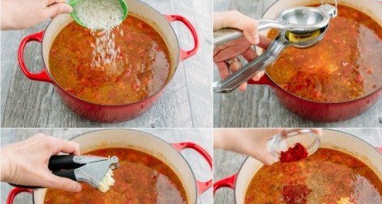 1. Этап. Суп Харчо из говядины: 4. Выложите рис, добавьте измельченный чеснок и сок лимона. Можно добавить паприку, кориандр или другие специи по вкусу. Варите еще минут 20.