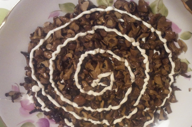 1. Этап. Белая береза (салат с черносливом): Далее выкладываем грибы с луком + майонез.