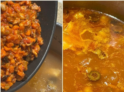 1. Этап. Солянка. Семужий бульон и прочее: И в бульон. Содержимое сковороды – в бульон. Аккуратно выложил и перемешал. Как только прибулькнуло – сбалансировал на соль. Добавил пару чайных ложек сахара. Кисловато показалось. Но тут – дело вкуса.