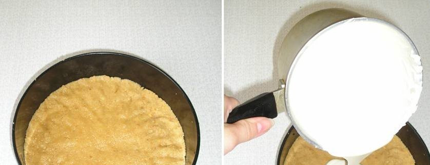 1. Этап. Персиковый чизкейк без выпечки: Печенье измельчаем в крошку и перемешиваем с растопленным сливочным маслом. Массу утрамбуйте в форму и поместите в холодильник. Набухший от воды желатин подогреваем на плите, помешивая, а затем остужаем. Взбиваем сливки, сахар и щепотку ванилина до полного растворения сахара. Затем добавляем творог, кладем теплый желатин и перемешиваем. Форму с коржом заливаем полученной массой и ставим в холодильник еще на пару часов, до полного застывания.