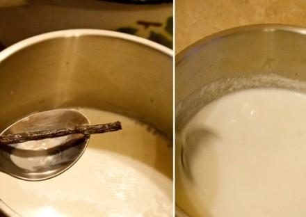 1. Этап. Панна-котта диетическая: В кастрюле смешайте молоко, ваниль и молоко. Доведите жидкость до кипения и удалите стручок ванили. Также уберите молочную пенку. Всыпьте сахар. Варите всё на медленном огне 5 минут, помешивая.