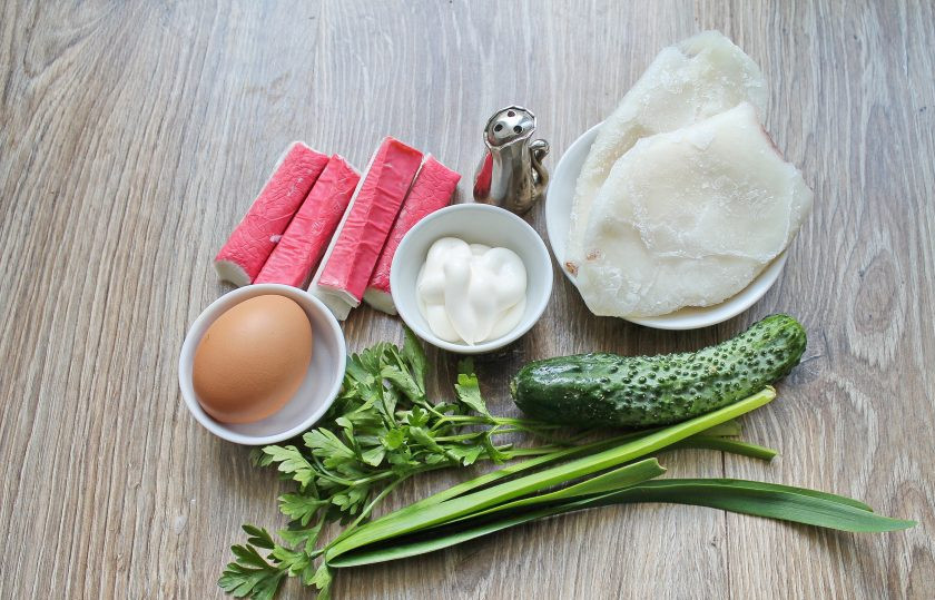 1. Этап. Салат Морской волк: Подготовьте все необходимые ингредиенты для приготовления салата 