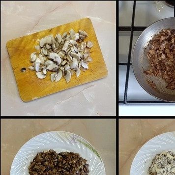 1. Этап. Салат Клубничка: Грибы вымыть, нарезать небольшими кусочки, посолить и поперчить по вкусу и обжарить на растительном масле до готовности. Остудить. Выложить на слой сыра, сверху смазать майонезом.