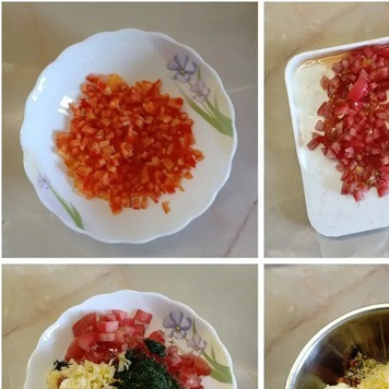 1. Этап. Куриные грудки под сырно-овощной шубкой: Сыр натереть на терке. Помидоры и сладкий перец нарезать мелкими кубиками. Зелень мелко порубить. Чеснок пропустить через пресс.