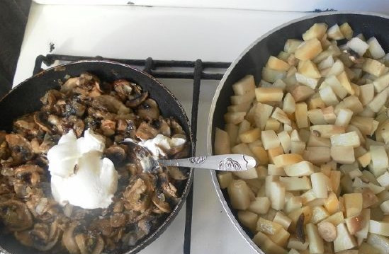 1. Этап. Картошка с курицей и шампиньонами: Картошку жарим сначала на сильном огне, чтобы корочка была золотистая. К грибам добавляем специи и сметану, воды пол стакана, тушим до кипения.