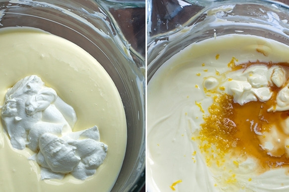 1. Этап. Торт Нью Йорк: 5. Затем добавляем сметану, ванильный экстракт или ванилин и цедру лимона (можно лимонный сок). Взбиваем снова все миксером до однородности.