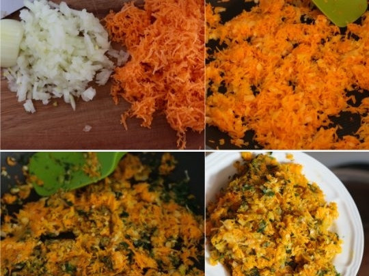 1. Этап. Гороховый суп: 3. Очистите и измельчите лук, натрите на терке вторую половину моркови и чеснок. Обжарьте на сковороде с растительным маслом лук до прозрачности, добавьте морковь. Минут через 5 выложите на сковороду чеснок и немного измельченной зелени. Обжаренные овощи добавьте в кастрюлю.