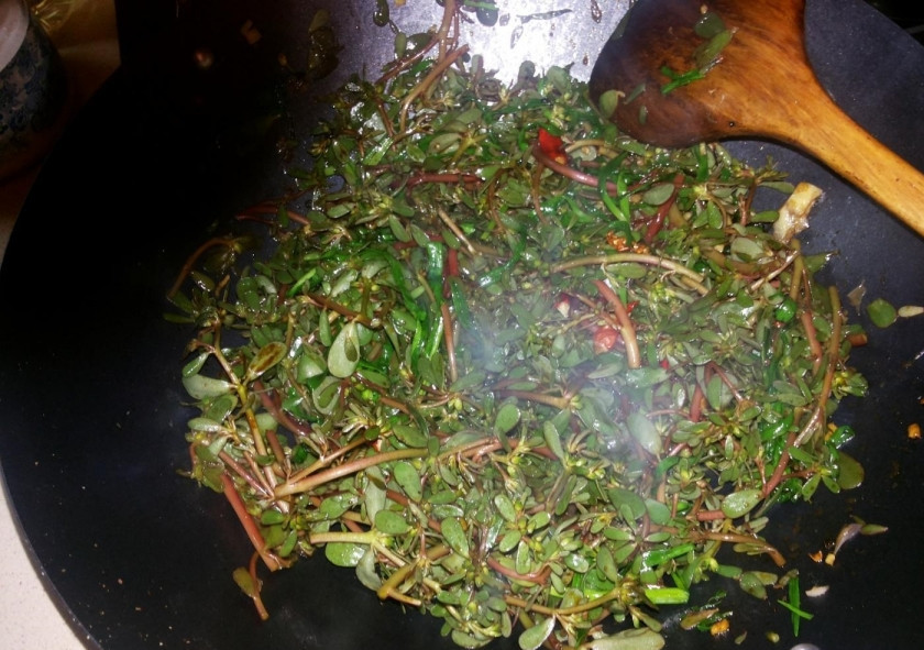 1. Этап. Салат из портулака: 5. В последнюю очередь отправляю подготовленный портулак и немного припускаю его, через несколько минут добавляю соевый соус, уксус, соль по вкусу, ранее обжаренный кунжут и готовлю 2 минуты, непрерывно помешивая.