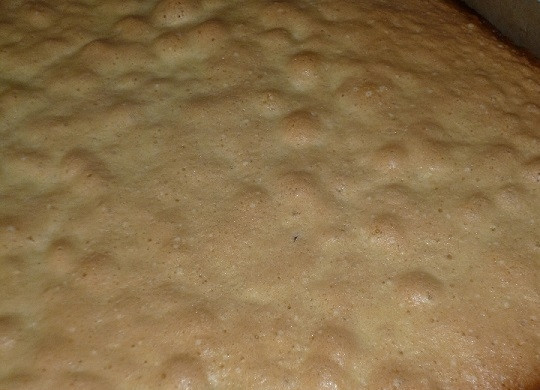 1. Этап. Бисквитные пирожные с кремом: 6. Выпекайте корж до румяности около 15 минут. После остудите хорошо.