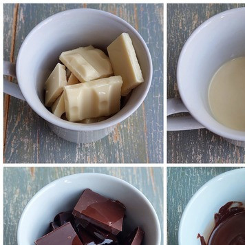 1. Этап. Кейк-попсы с вареной сгущенкой: Через 30 мин. в отдельных емкостях поломать белый и тёмный шоколад, добавить к каждому по 10 мл. растительного масла и растопить (я растапливаю в микроволновке).