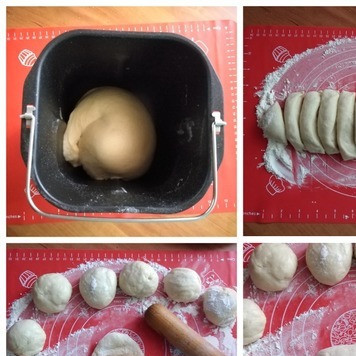 1. Этап. Школьные котлеты в тесте: Вот и тесто готово. Вынимается отлично из хлебопечки, к рукам не липнет. Выкладываем на подпыленную мукой поверхность, обминаем, скатываем в 