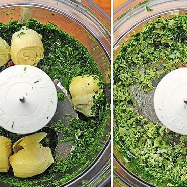 1. Этап. Хлеб с артишоками, сыром и чесноком: 1. Предварительно разогреть духовку до 175 градусов. Поместить петрушку, укроп, базилик и в кухонный комбайн, измельчить все ингредиенты вместе. Добавить артишоки и снова измельчить.