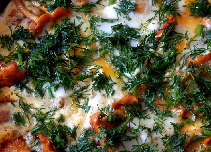 1. Этап. Яичница с лисичками: Разбиваем на сковороду яйца, солим и перчим их и готовим яичницу под крышкой на медленном огне. Готовое блюдо посыпаем измельченным укропом и подаем к столу. Приятного всем аппетита!