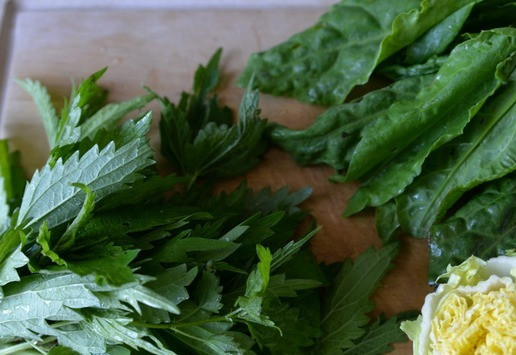 1. Этап. Зелёный борщ Походный: Берём пекинскую капусту, щавель и крапиву. Можете что-то заменить, например, взять шпинат. Можно взять молодую зелёную капусту, тогда следует её положить через 5 минут после варки картофеля. Щавель и крапиву, тщательно моем. Чтобы крапива не обжигала, ошпариваем её кипятком. Я работала в перчатках с крапивой.