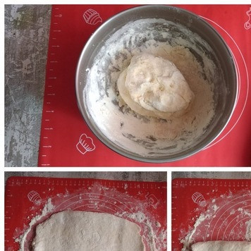 1. Этап. Завитушки к чаю: Выкладываем его на рабочую поверхность, немного подпылив мукой. Раскатываем в прямоугольник, толщиной ~0,5-0,7 см. Скручиваем в рулет. Нарезаем на кусочки шириной ~ 2-2,5 см. Получилось у меня 10 кусочков.