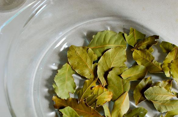 1. Этап. Телятина в микроволновке: Дно жаропрочной кастрюли, которая подходит для микроволновки, устилаем лавровым листом.