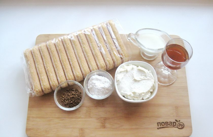 1. Этап. Торт Тирамису: Подготовьте все ингредиенты для приготовления 