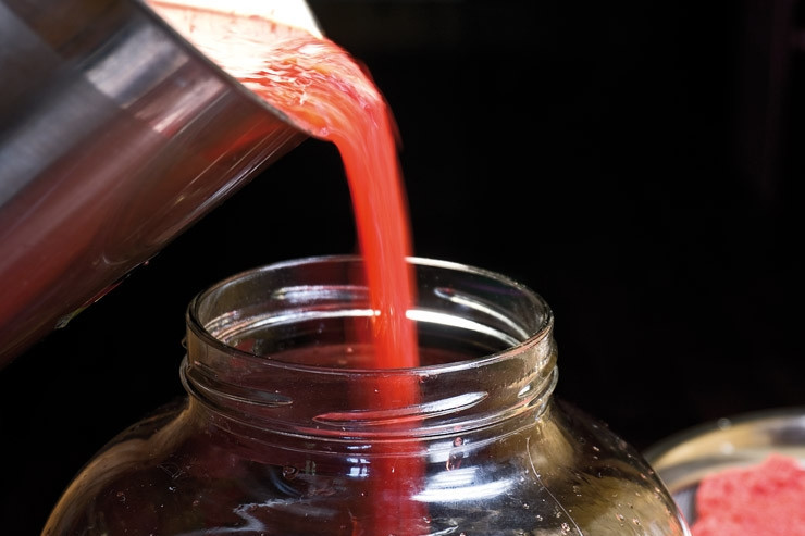 1. Этап. Вино из клубники: 4. Весь полученный сок перелейте в стеклянный бутыль или банку, на которую поставьте гидрозатвор. И снова поставьте в темное место, в котором температура держится в пределах 18-23 °C.