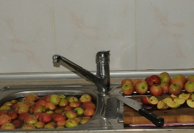 1. Этап. Яблочная брага: 1. Для начала переберите яблоки, уберите гнилые. Остальные хорошо вымойте, вырежьте у них сердцевину, хвостики и подпорченные места, если такие есть. Гниль придает напитку горький привкус, поэтому перебирать яблоки нужно очень тщательно.