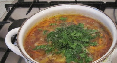 1. Этап. Щи суточные: Добавляем соль, черный перец и мелко нарезанную зелень. Варим еще минут 5, после чего убираем с плиты. Выносим на холод на сутки.