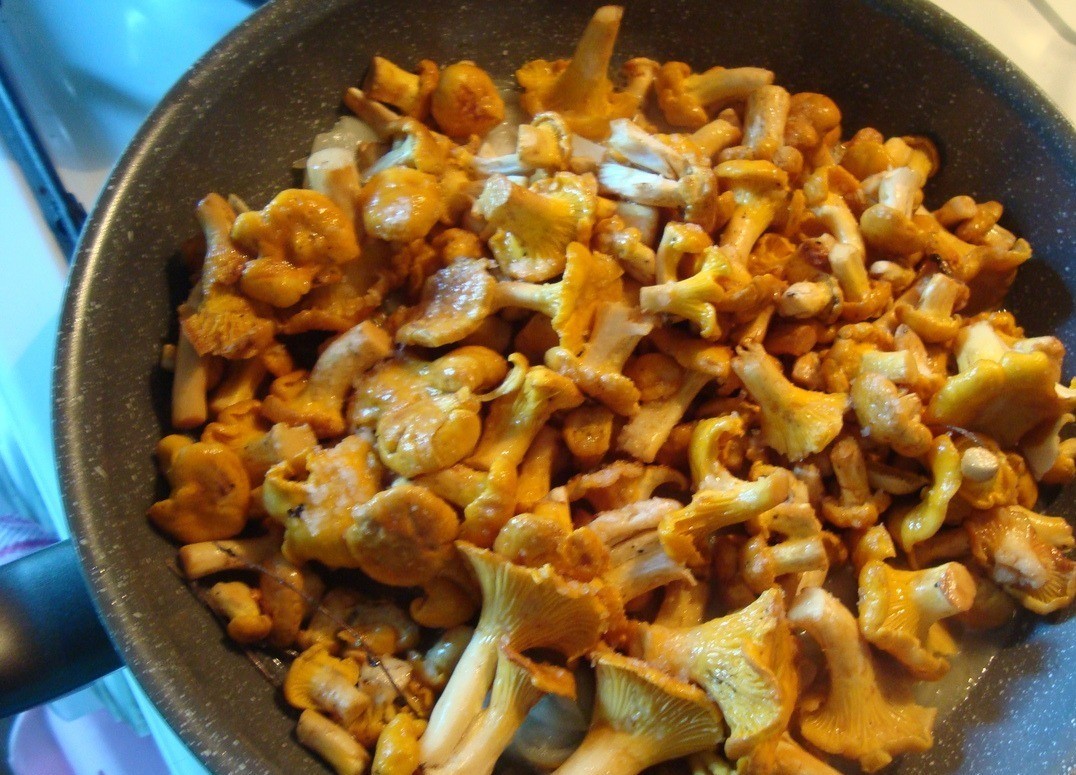 1. Stage. Chanterelle pate: Put chanterelles washed and dried. Cook until tender. Remove sprigs of thyme.