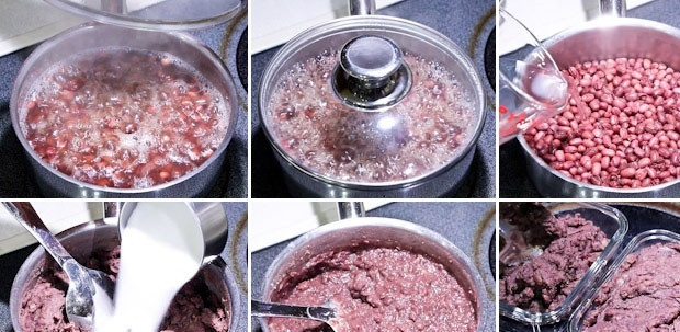 1. Этап. Паста из красной фасоли: 2. Утром слейте воду, залейте свежую и поставьте на огонь. После закипания уберите огонь до минимума, подсолите и варите около часа. После измельчите ее с помощью блендера, например. Добавьте в процессе сахар.