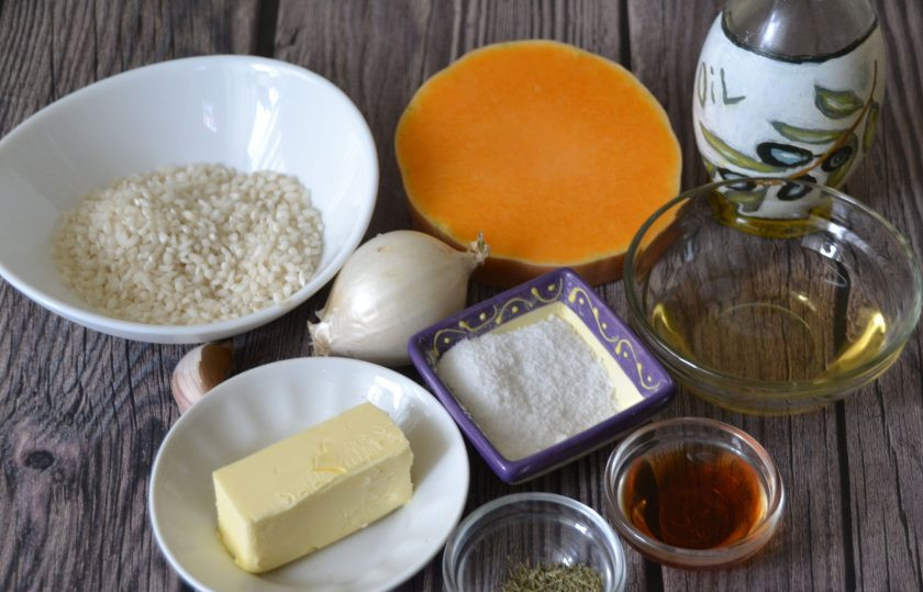 1. Этап. Ризотто с тыквой от Юлии Высоцкой: Подготовьте ингредиенты.