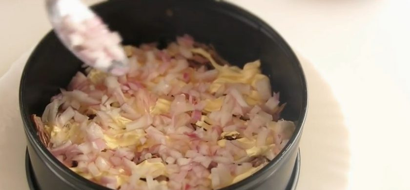 1. Этап. Салат на Новый год Принцесса: 2. Отварную говядину разделите вилкой на волокна и выложите первым слоем. Посолите и поперчите по вкусу, полейте майонезом. Сверху выложите замаринованный лук, слив из него жидкость.