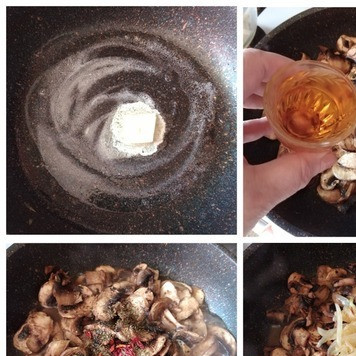 1. Этап. Бутерброд с шампиньонами и плавленым сыром: На эту же сковороду выложим кусок сливочного масла и растопим его. Отправим в масло порезанные шампиньоны 