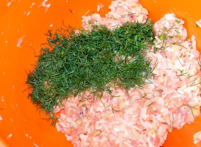 1. Этап. Тефтели с грибами в сливочно-томатном соусе: Добавьте яйцо и мелко нарезанный укроп. Соль, специи по вкусу. Все хорошо перемешайте.