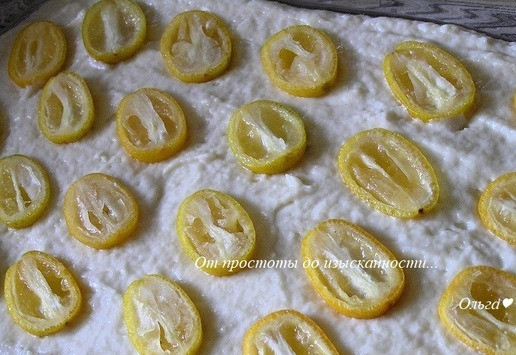 1. Этап. Пирог с кумкватом: Переложите тесто в смазанную маслом форму для выпечки (у меня 27х18 см). Кумкват разрежьте пополам, выложите на тесто, слегка вдавите.