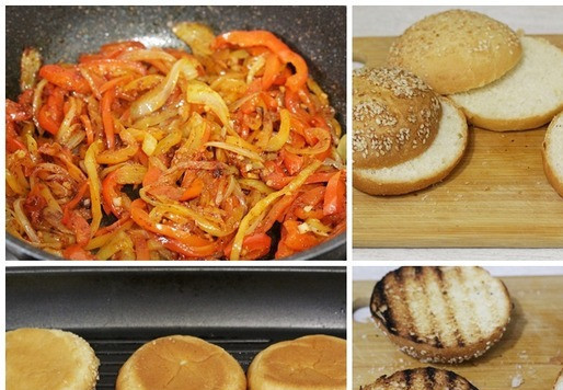 1. Этап. Бургер «Текс–мекс»: Готовые овощи накрыть крышкой, чтобы они не остыли. Булочки разрезать вдоль на половинки и слегка поджарить на гриле.