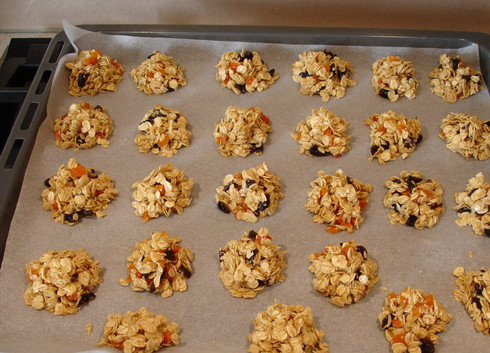 1. Этап. Вегетарианское печенье: К растопленному маслу добавляем сахар, геркулес, вбиваем яйцо. Перемешиваем, добавляем сухофрукты и из полученной массы формируем печенье. Выкладываем печенье на противень, застеленный бумагой для выпечки. Выпекаем печенье в духовке 25 минут.