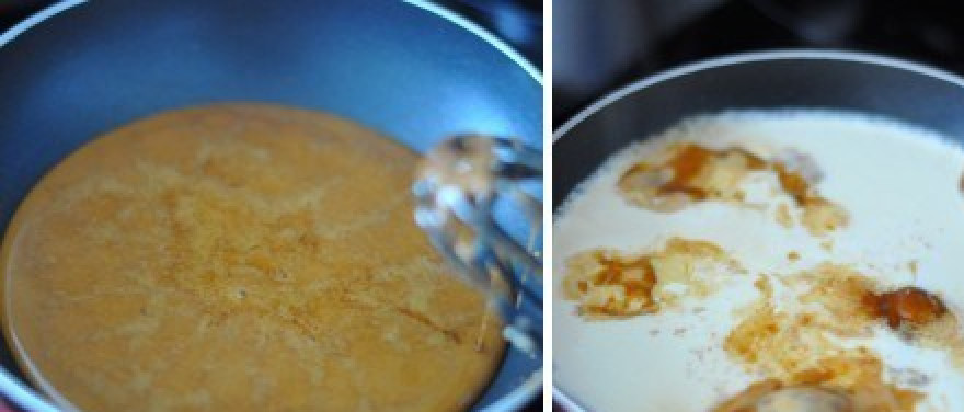 1. Этап. Сладкое фондю: Засыпаем в кастрюльку сахар, доводим его до состояния карамели. Сразу же добавляем ванильный стручок и вливаем сливки. Варим 10 минут.