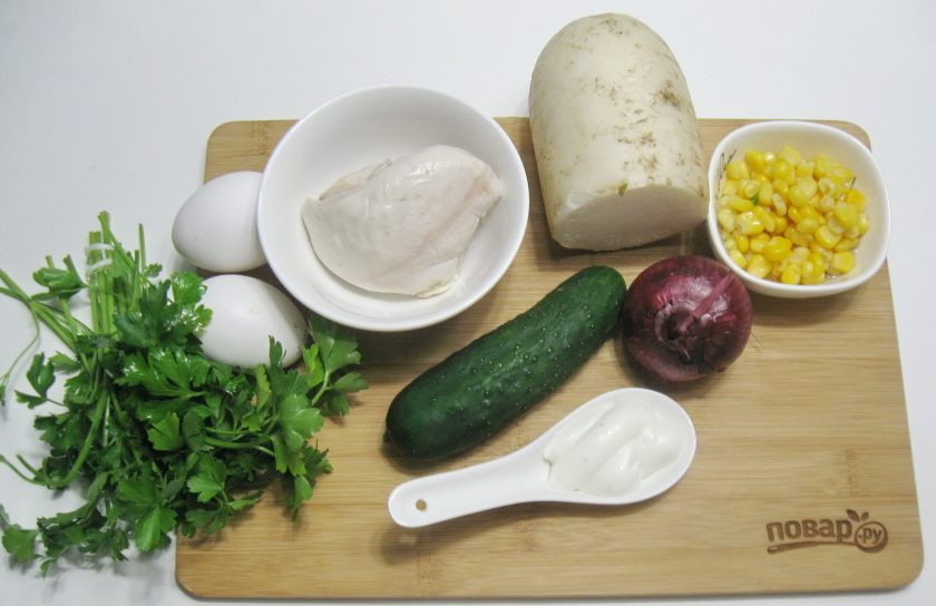 1. Этап. Салат Русская метель: Подготовьте ингредиенты для приготовления салата.