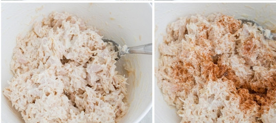 1. Этап. Бутерброды с консервированной курицей: Посолить, поперчить, добавить приправы. Перемешать.