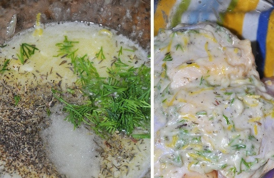 1. Этап. Быстрый маринад для курицы: 1. Сливочное масло растопите и вылейте в глубокую мисочку. Лимон вымойте, обсушите, натрите цедру и добавьте в маринад. Туда же отправьте 2-3 ложки сока. Посолите, поперчите по вкусу, добавьте зелень и любимые специи. Все тщательно перемешайте. Выложите в маринад курочку и оставьте на 20-25 минут.