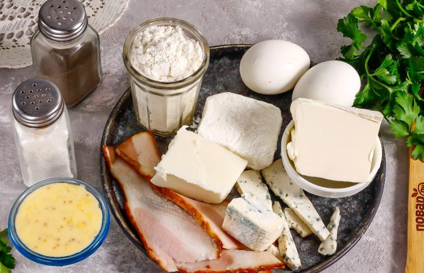 1. Этап. Сырный пирог: Подготовьте указанные ингредиенты.