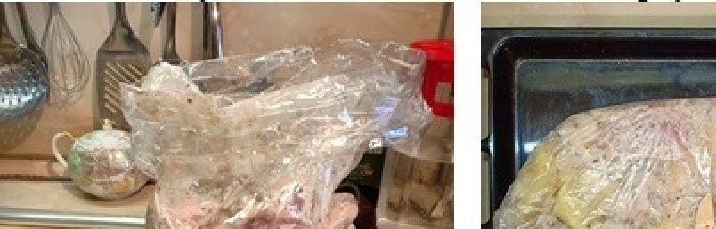 1. Этап. Кролик под соусом, запечённый в пакете: Картофель, лук, грибы и мясо кролика сложить в пакет для запекания, туда же вылить остатки соуса, добавить воду и подсолнечное масло. Сверху проколоть пакет ножом в нескольких местах.