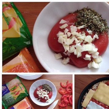 1. Этап. Запечённый овсяноблин: В это время готовим начинку. Соус берите любой, какой у вас есть. Если в соусе мало чеснока и нет базилика, то нужно в него это добавить. Рубим мелко чеснок или давим. Кладём в соус чеснок и базилик, соединяем. Колбасу нарезаем мелким кубиком (как вам нравится!) и перец болгарский - соломкой. На соус выкладываем сыр HOCHLAND чизбургер-3 ломтика, сэндвич-2 ломтика. Третий ломтик сыра чизбургер нарезаем на 4 полоски и закрываем им пустые места края блина (см. фото)