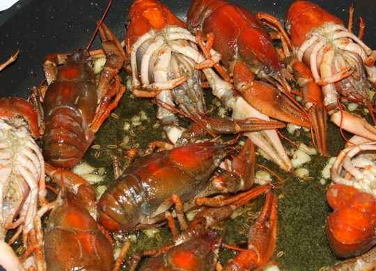 1. Этап. Раки в пряном соусе: Добавляем в сковороду с раками специи, перемешиваем и прожариваем еще минут 5.