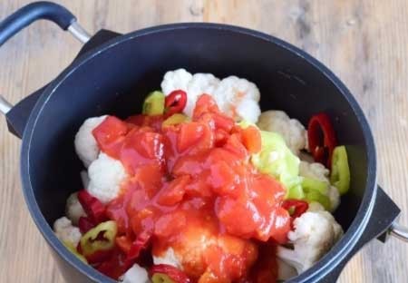 1. Stage. Cauliflower Salad for the Winter: Cut the tomatoes into small cubes and add to the pan along with the juice. Add sugar, salt and vegetable oil. Pour in boiling water and put on a fire, cook after boiling over low heat under a lid for 25 minutes.