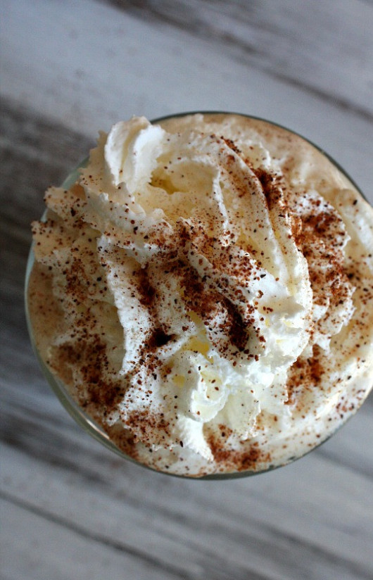 1. Этап. Кофе латте: 5. Классическую молочную пенку, какая бывает у настоящего латте, я делать не умею, поэтому украшаю верх взбитыми сливками и посыпаю какао и корицей. Готово!