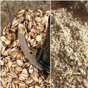 1. Этап. Овсяный блин. Зимний завтрак: Жарить на капле оливкового масла под крышкой по 5 минут с каждой стороны. Это не мои слова. Это рекомендация из рецепта. Я так и поступил. Яйцо с молоком и йогуртом образовали что-то типа омлета. А вот хлопья…, хлопья отреагировали на попытку их пожарить так, как и следовало ожидать. Подсохли и потемнели. Но при этом остались сырыми. Показывать это я даже не буду. Это не «комом» блин получился, а …, в общем ушло птичкам. Но желание попробовать этот таинственный и жутко полезный блин никуда не делось. Засыпал я рекомендуемое количество хлопьев в блендер и хорошо, но не «в труху», их проблендерил.