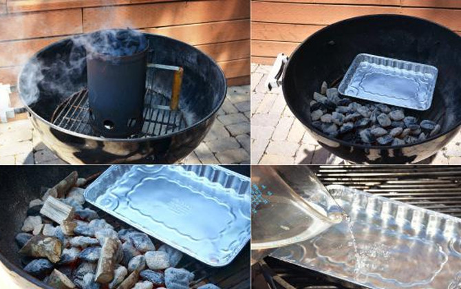 1. Этап. Копченые свиные ребрышки: Подготовьте коптильню: разведите огонь, высыпьте угли. Температура внутри должна быть 250 градусов. Затем снизу решетки сгребите угли в одну сторону, установите емкость из фольги, налейте туда воду. Добавьте обязательно к углям щепу дубовую (или других лиственных пород деревьев).