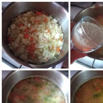 1. Этап. Капустный суп с рисовой полентой: У меня был бульон из судака. Рыбу я люблю и возьму для супа этот бульон. Процежу в кастрюлю, поставлю на огонь. Когда закипит, выложу в него порезанную мелко морковь (не из бульона), картофель и белокочанную капусту. Лук не положу, он у меня варился в бульоне. Поварю минут 10 на минимальном огне под крышкой. Затем всыплю тонко рисовую поленту, постоянно мешая суп. Варим суп ещё минут 10. Отправляем в суп брюссельскую капусту и зелень: укроп и петрушку. Выкладываем куркуму и чёрный перец горошком, солим по вкусу, не забывая, что бульон был солёный. Просто досаливаем суп по вкусу. Варим суп до готовности ещё примерно 5 минут.