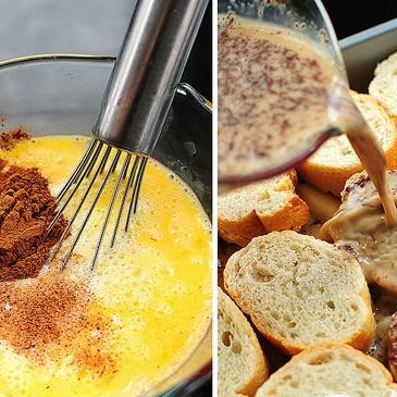 1. Этап. Французские тосты с яблоками и виски: 4. В большой миске взбить вместе яйца, молоко, ванильный экстракт, корицу и мускатный орех. Вылить смесь на хлеб.