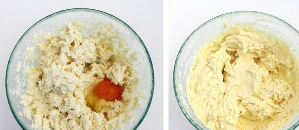 1. Этап. Булочки с творогом и изюмом: 8. Вбейте яйцо и как следует все перемешайте.